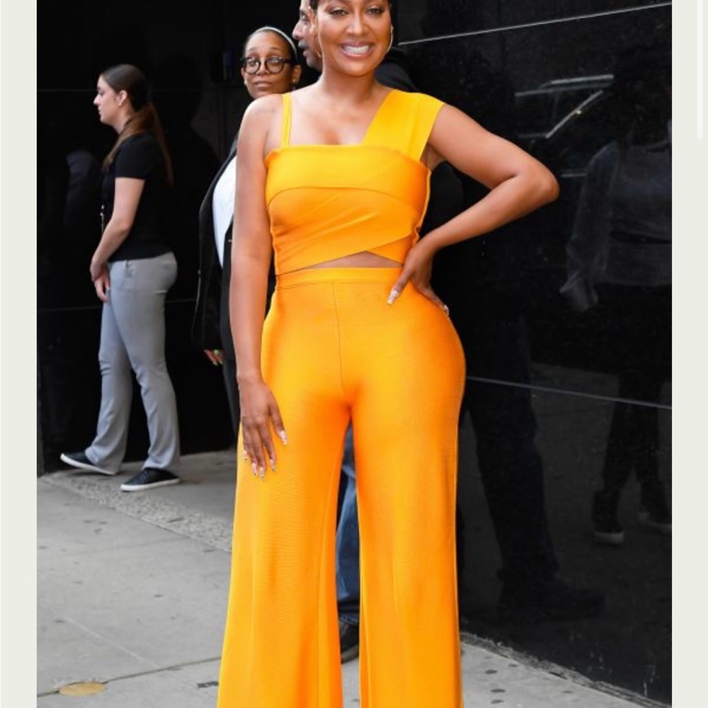 House of CB mango orange bandage crisscross top and flared hemmed trousers